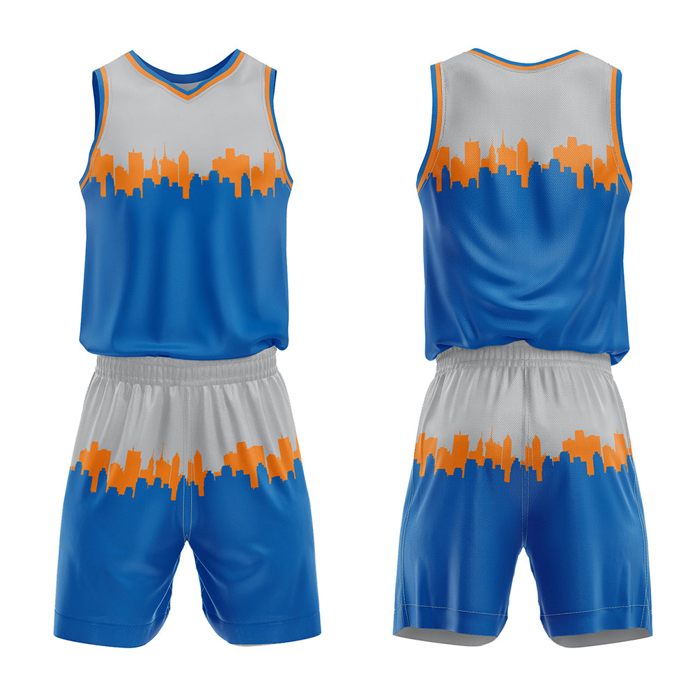 Uniforme de baloncesto personalizado en gris y azul con tu logotipo-nombre y número impresos