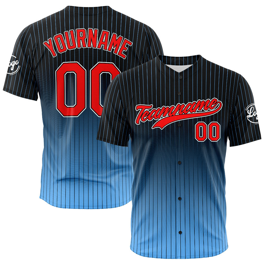 Camiseta de béisbol con dise?o personalizado estampado completo color negro y azul claro