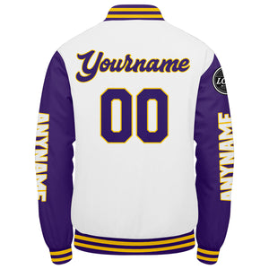 Chaquetas universitarias personalizadas en morado & blanco y amarillo para hombres & mujeres y jóvenes & Chaquetas tipo Letterman personalizadas