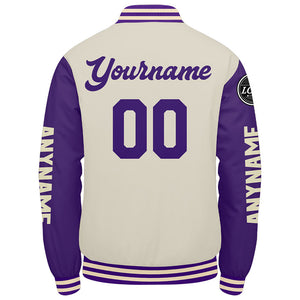 Chaquetas universitarias personalizadas color crema púrpura para hombres & mujeres y jóvenes & Chaquetas Letterman personalizadas