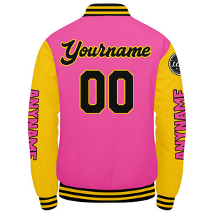 Chaquetas universitarias personalizadas en rosa & amarillo y negro para hombres & mujeres y jóvenes & Chaquetas tipo Letterman personalizadas