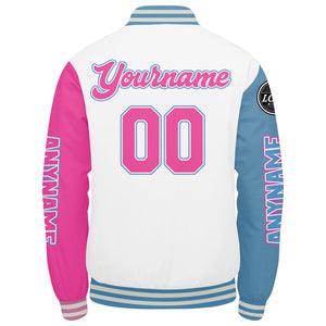 Chaquetas universitarias personalizadas blancas & azul claro y rosa para hombres & mujeres y jóvenes & Chaquetas Letterman personalizadas