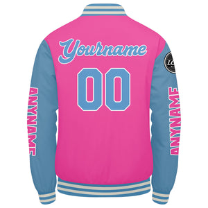 Chaquetas universitarias personalizadas en rosa y azul claro para hombres & mujeres y jóvenes & Chaquetas Letterman personalizadas
