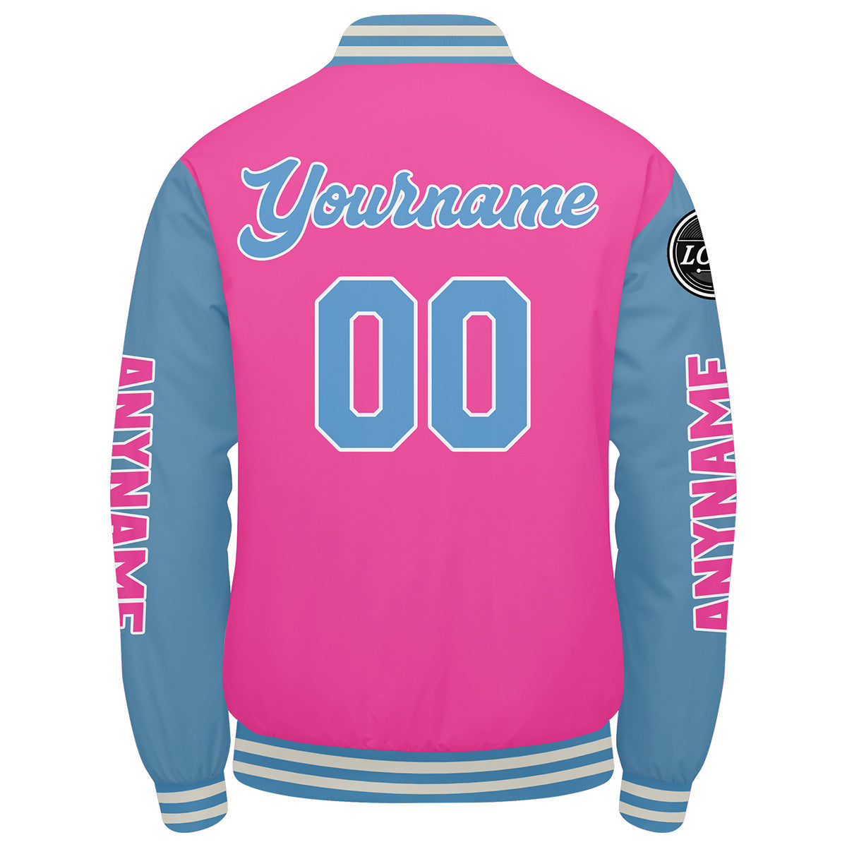 Chaquetas universitarias personalizadas en rosa y azul claro para hombres & mujeres y jóvenes & Chaquetas Letterman personalizadas