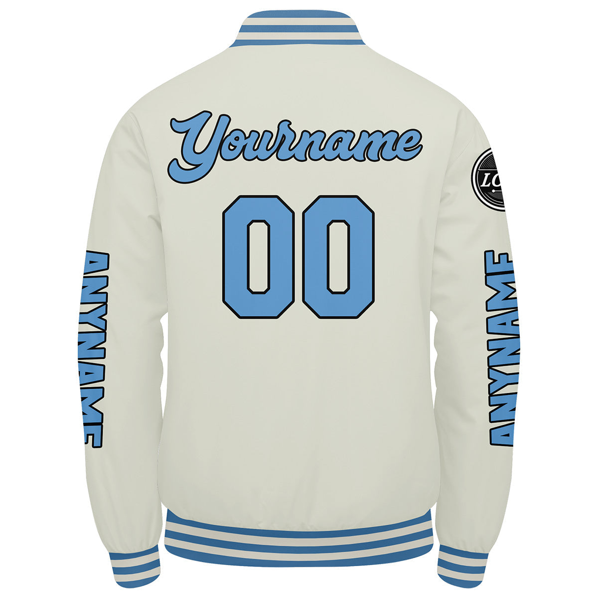 Chaquetas universitarias personalizadas color crema y azul claro para hombres & mujeres y jóvenes & Chaquetas Letterman personalizadas