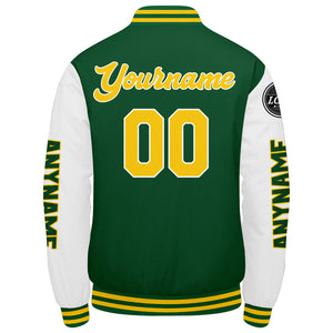 Chaquetas universitarias personalizadas en verde & amarillo y blanco para hombres & mujeres y jóvenes & Chaquetas Letterman personalizadas