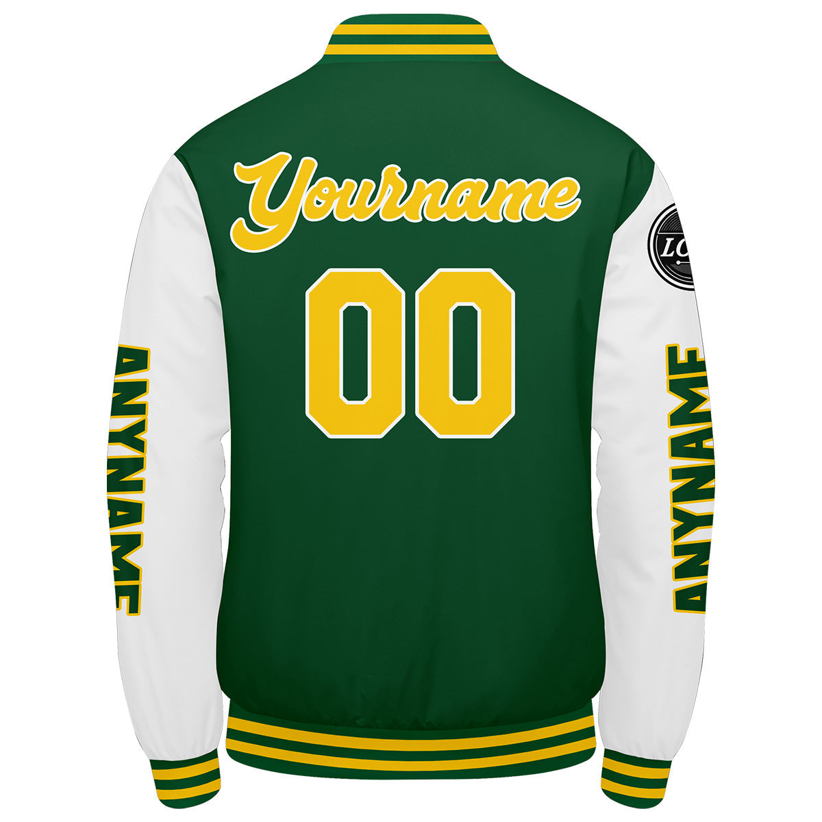 Chaquetas universitarias personalizadas en verde & amarillo y blanco para hombres & mujeres y jóvenes & Chaquetas Letterman personalizadas