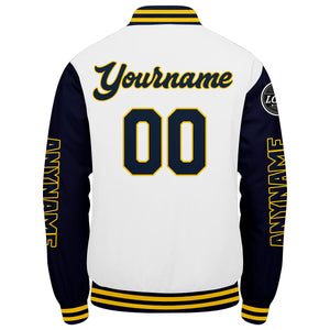 Chaquetas universitarias personalizadas azul marino & blancas y amarillas para hombres & mujeres y jóvenes & Chaquetas tipo Letterman personalizadas