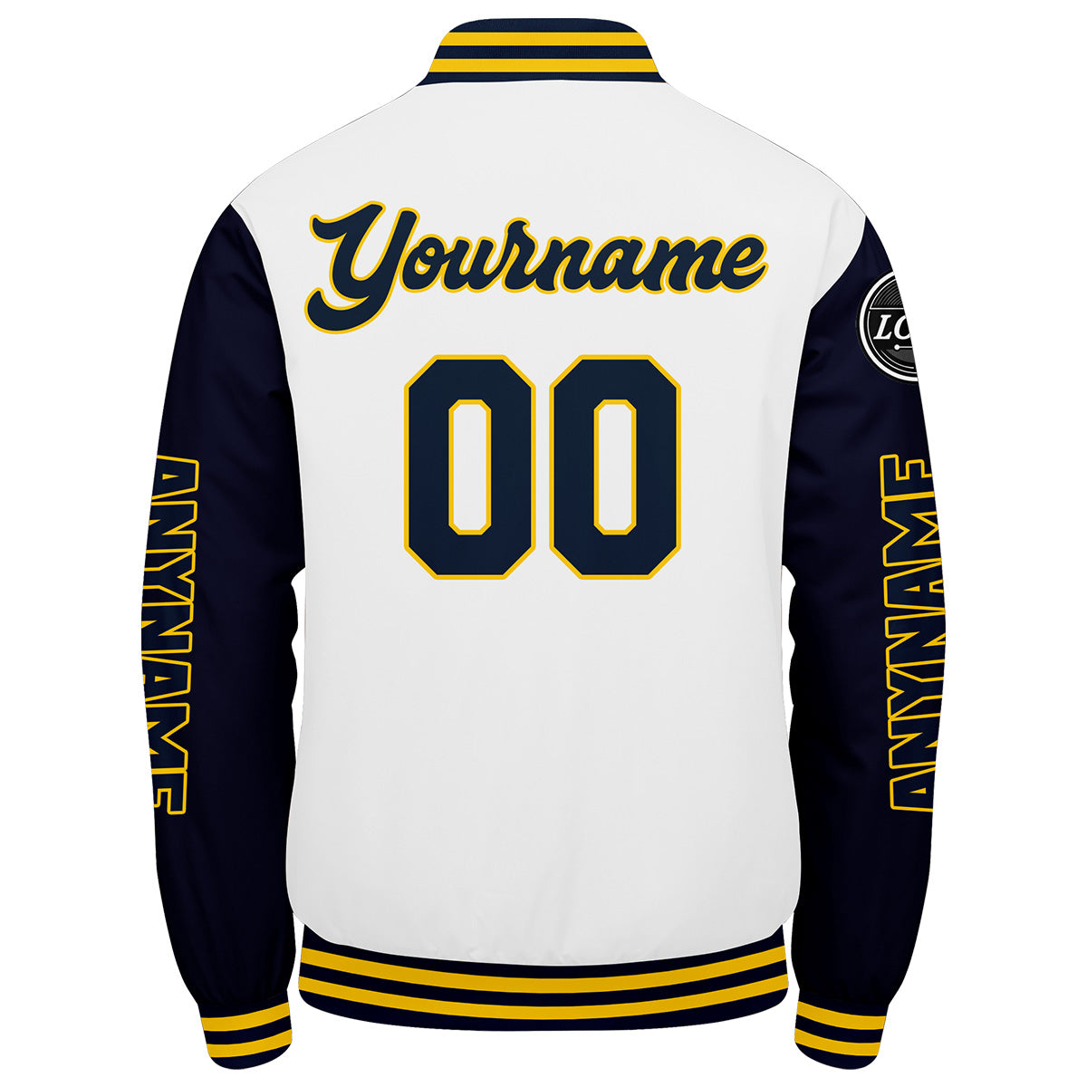 Chaquetas universitarias personalizadas azul marino & blancas y amarillas para hombres & mujeres y jóvenes & Chaquetas tipo Letterman personalizadas