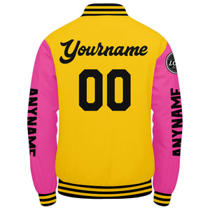 Chaquetas universitarias personalizadas en amarillo & rosa y negro para hombres & mujeres y jóvenes & Chaquetas tipo Letterman personalizadas