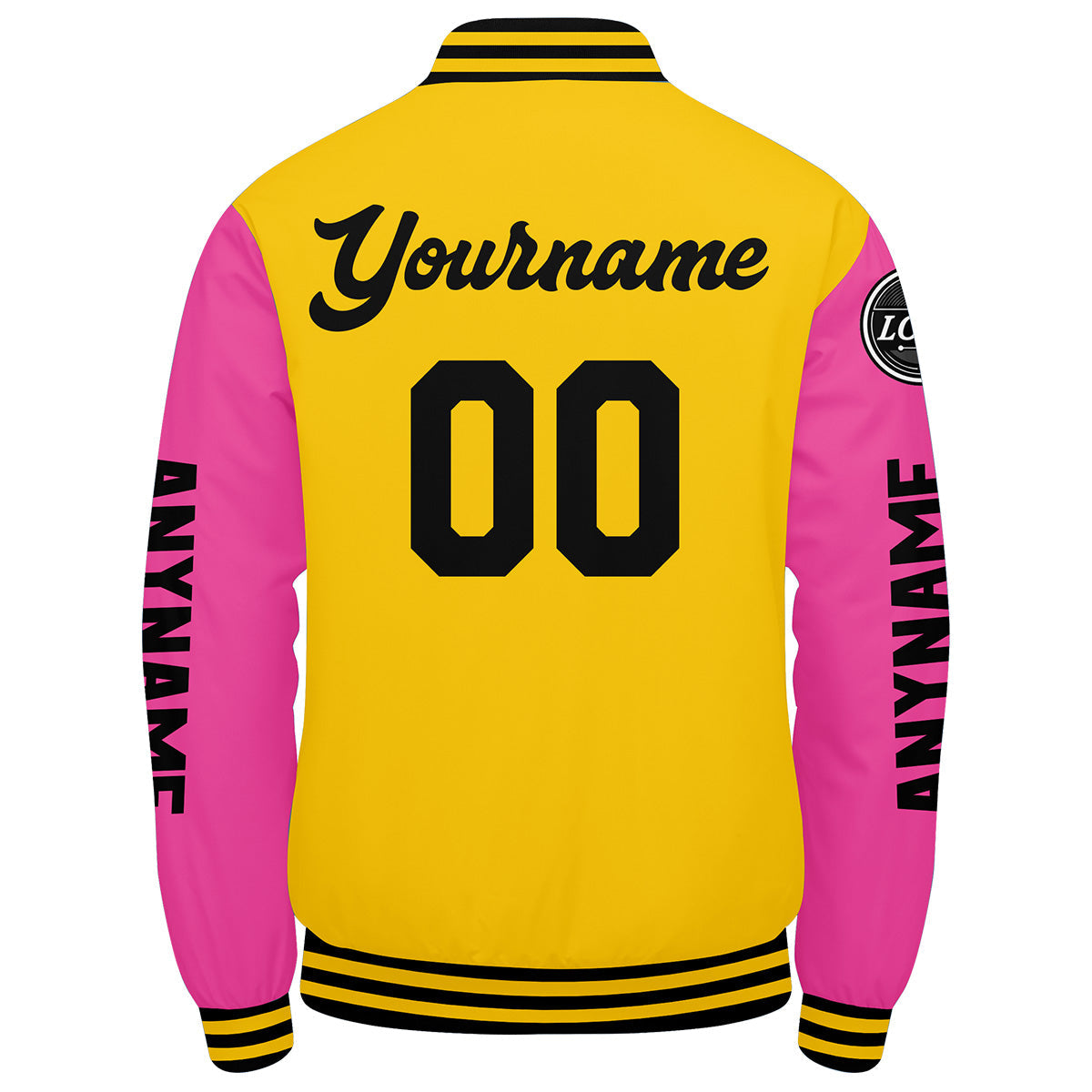 Chaquetas universitarias personalizadas en amarillo & rosa y negro para hombres & mujeres y jóvenes & Chaquetas tipo Letterman personalizadas