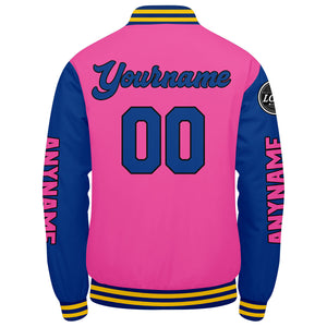 Chaquetas universitarias personalizadas en color rosa & azul marino y amarillo para hombres & mujeres y jóvenes & Chaquetas tipo Letterman personalizadas