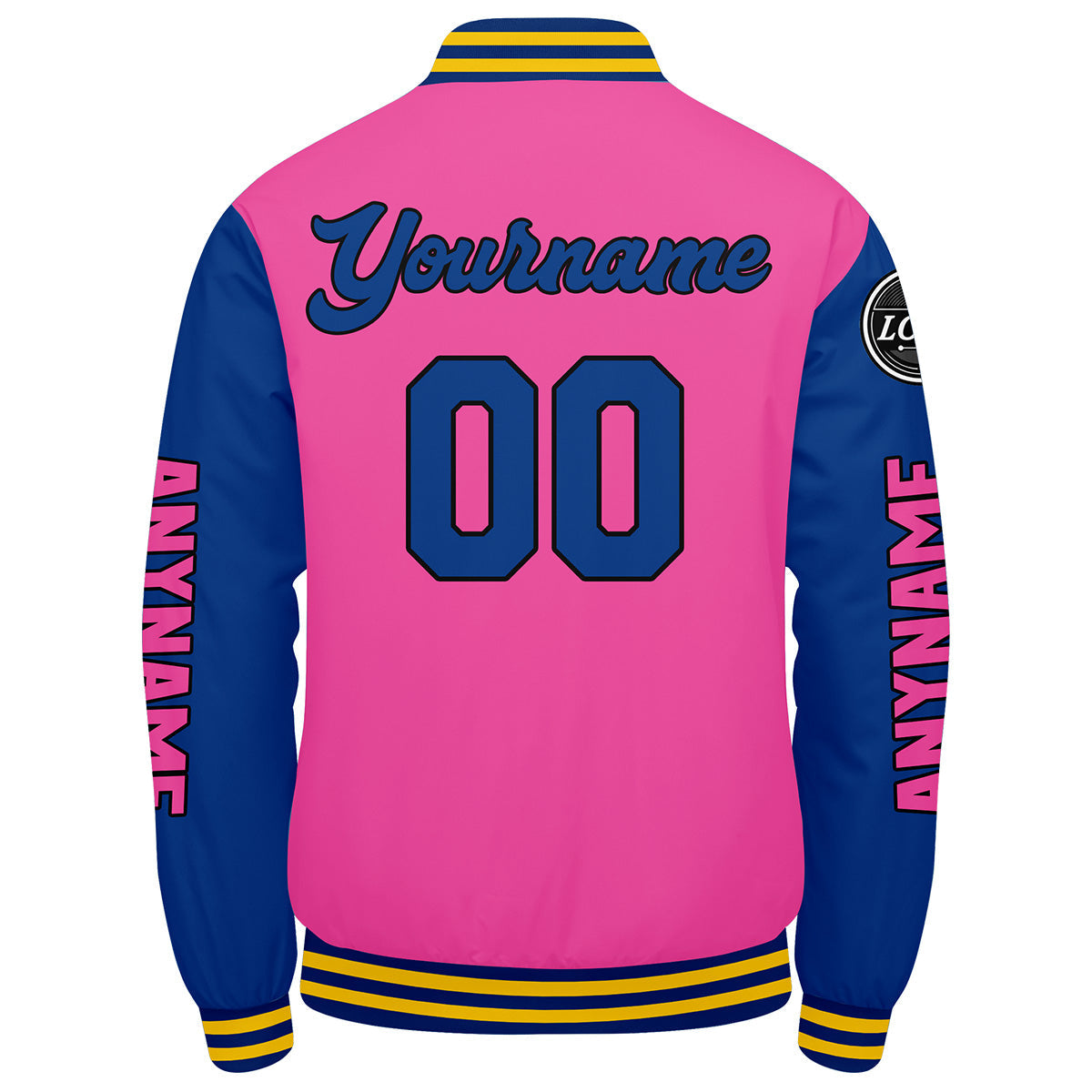 Chaquetas universitarias personalizadas en color rosa & azul marino y amarillo para hombres & mujeres y jóvenes & Chaquetas tipo Letterman personalizadas
