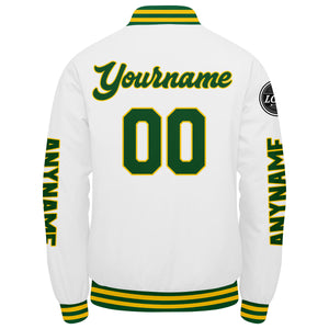 Chaquetas universitarias personalizadas en verde & amarillo y blanco para hombres & mujeres y jóvenes & Chaquetas Letterman personalizadas