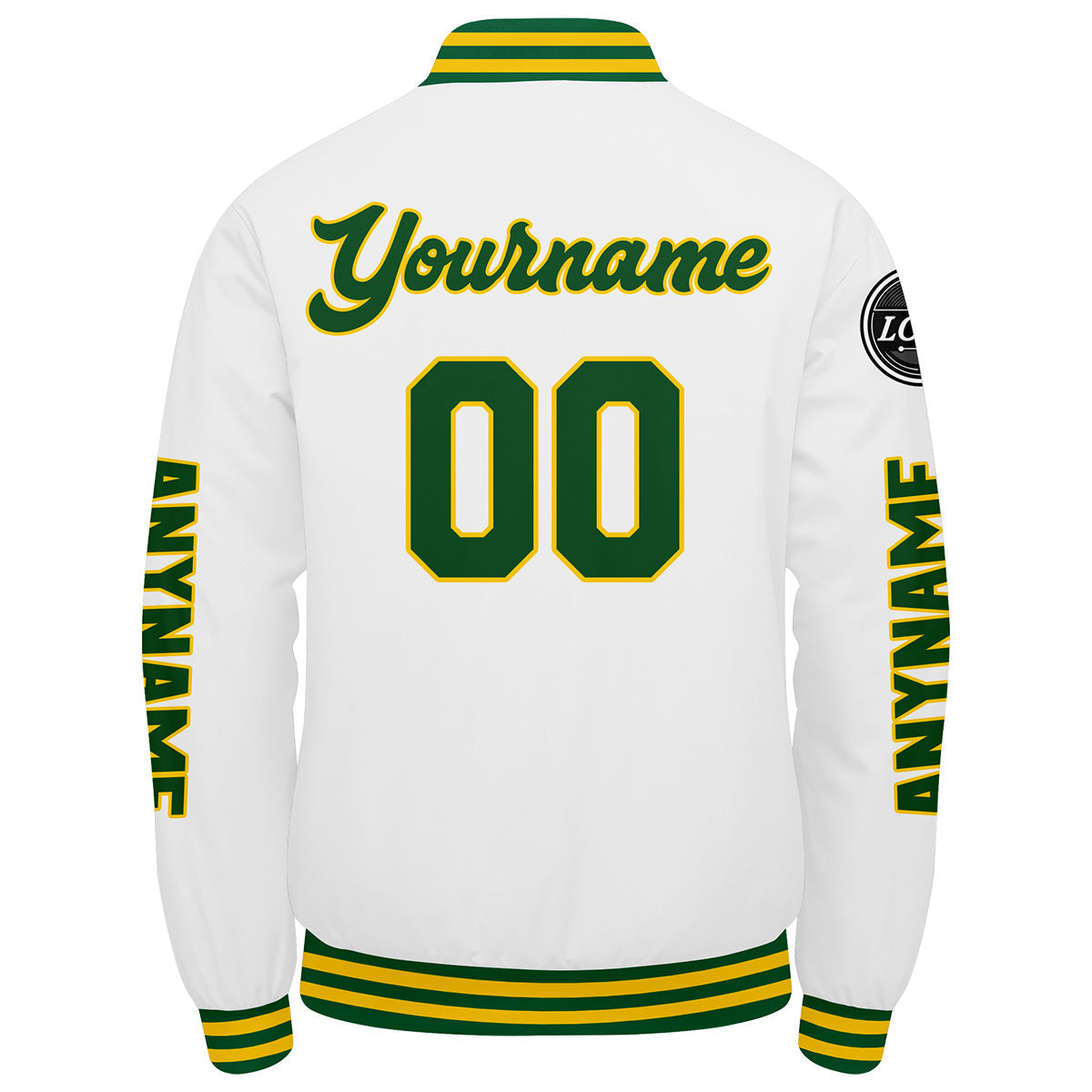 Chaquetas universitarias personalizadas en verde & amarillo y blanco para hombres & mujeres y jóvenes & Chaquetas Letterman personalizadas