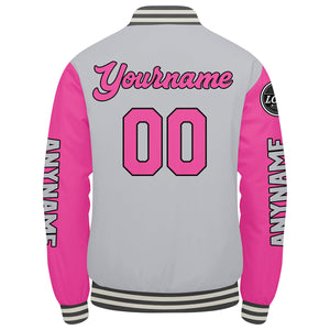 Chaquetas universitarias personalizadas en gris y rosa para hombres & mujeres y jóvenes & Chaquetas estilo Letterman personalizadas