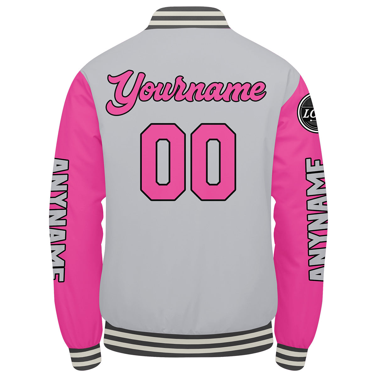 Chaquetas universitarias personalizadas en gris y rosa para hombres & mujeres y jóvenes & Chaquetas estilo Letterman personalizadas