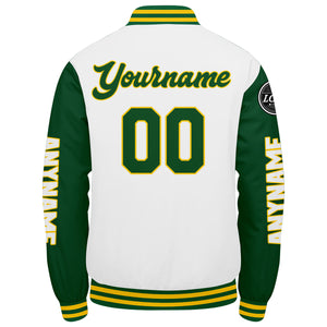 Chaquetas universitarias personalizadas en verde & amarillo y blanco para hombres & mujeres y jóvenes & Chaquetas Letterman personalizadas
