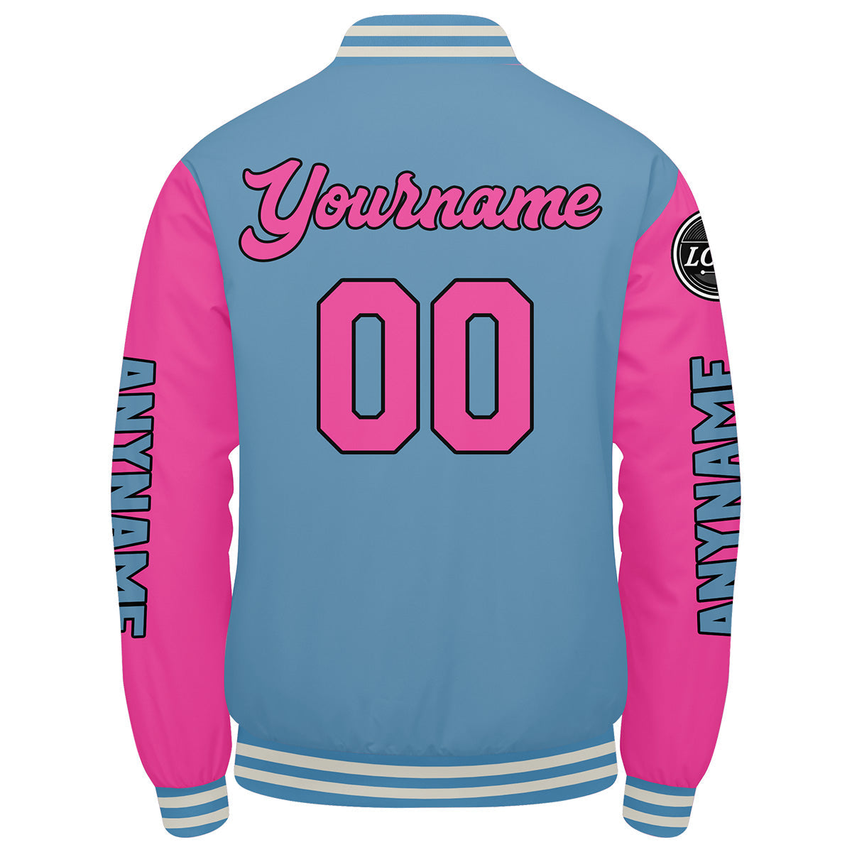 Chaquetas universitarias personalizadas en azul claro y rosa para hombres & mujeres y jóvenes & Chaquetas tipo Letterman personalizadas