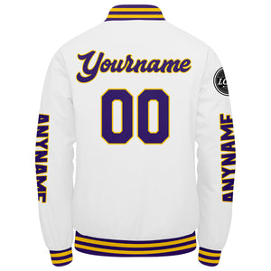 Chaquetas universitarias personalizadas en morado & blanco y amarillo para hombres & mujeres y jóvenes & Chaquetas tipo Letterman personalizadas