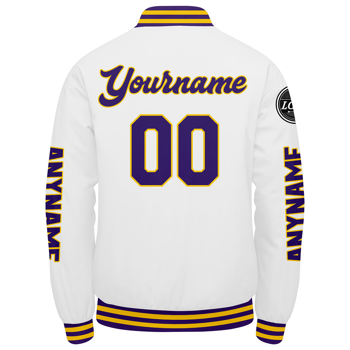 Chaquetas universitarias personalizadas en morado & blanco y amarillo para hombres & mujeres y jóvenes & Chaquetas tipo Letterman personalizadas