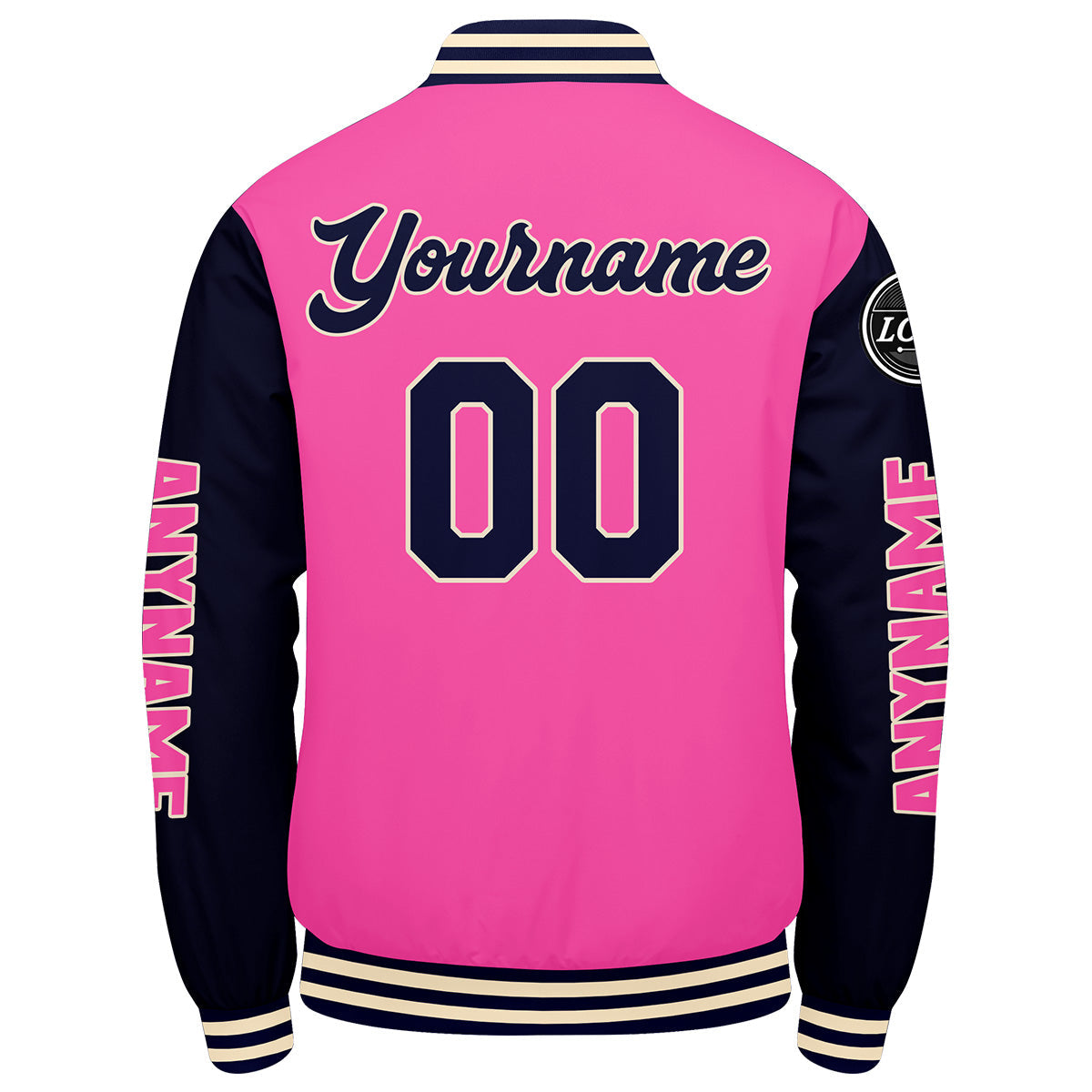 Chaquetas universitarias personalizadas en rosa y azul marino para hombres & mujeres y jóvenes & Chaquetas Letterman personalizadas
