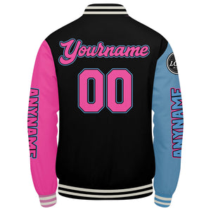 Chaquetas universitarias personalizadas en negro & azul claro y rosa para hombres & mujeres y jóvenes & Chaquetas Letterman personalizadas