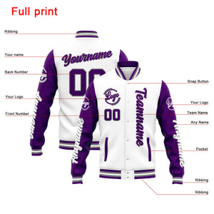 Chaqueta universitaria personalizada estilo Letterman para hombres-mujeres y jóvenes-color blanco y morado