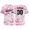 Camiseta de béisbol con dise?o personalizado estampado completo en blanco y rosa