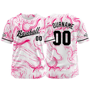 Camiseta de béisbol con dise?o personalizado estampado completo en blanco y rosa