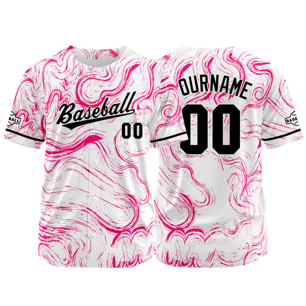 Camiseta de béisbol con dise?o personalizado estampado completo en blanco y rosa