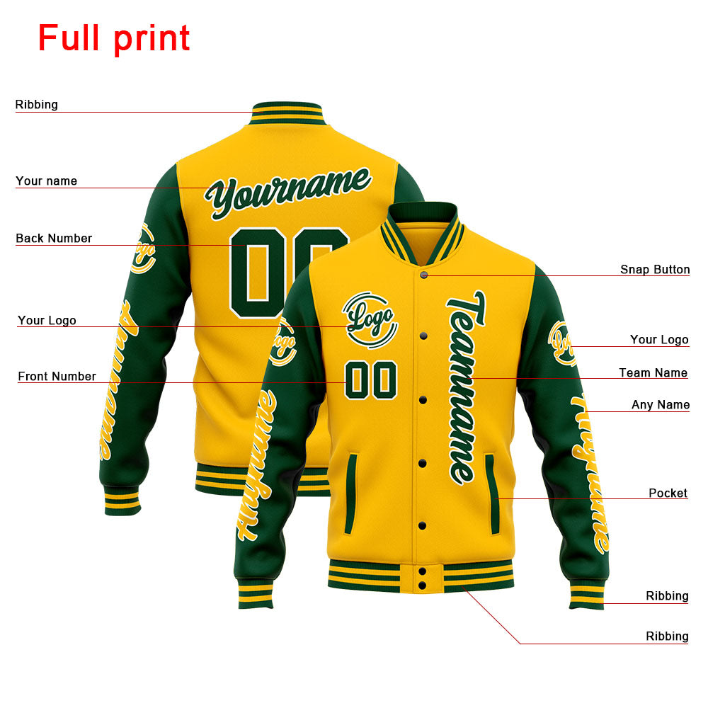 Chaqueta universitaria personalizada estilo Letterman para hombres-mujeres y jóvenes-color verde y amarillo