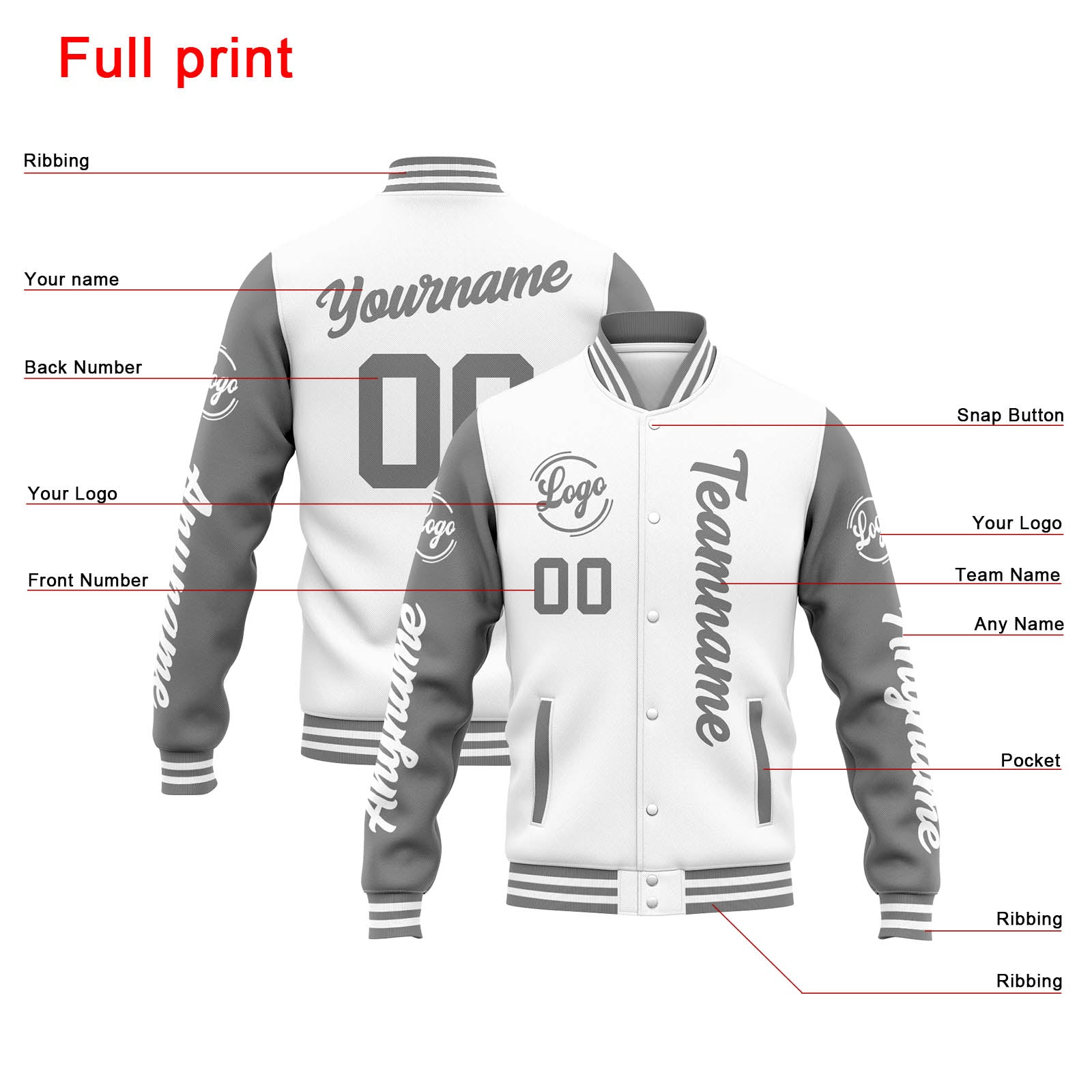 Chaqueta universitaria personalizada estilo Letterman para hombres-mujeres y jóvenes-color blanco y gris