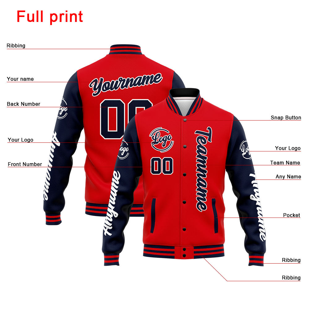 Chaqueta universitaria personalizada estilo Letterman para hombres-mujeres y jóvenes-color azul marino y rojo