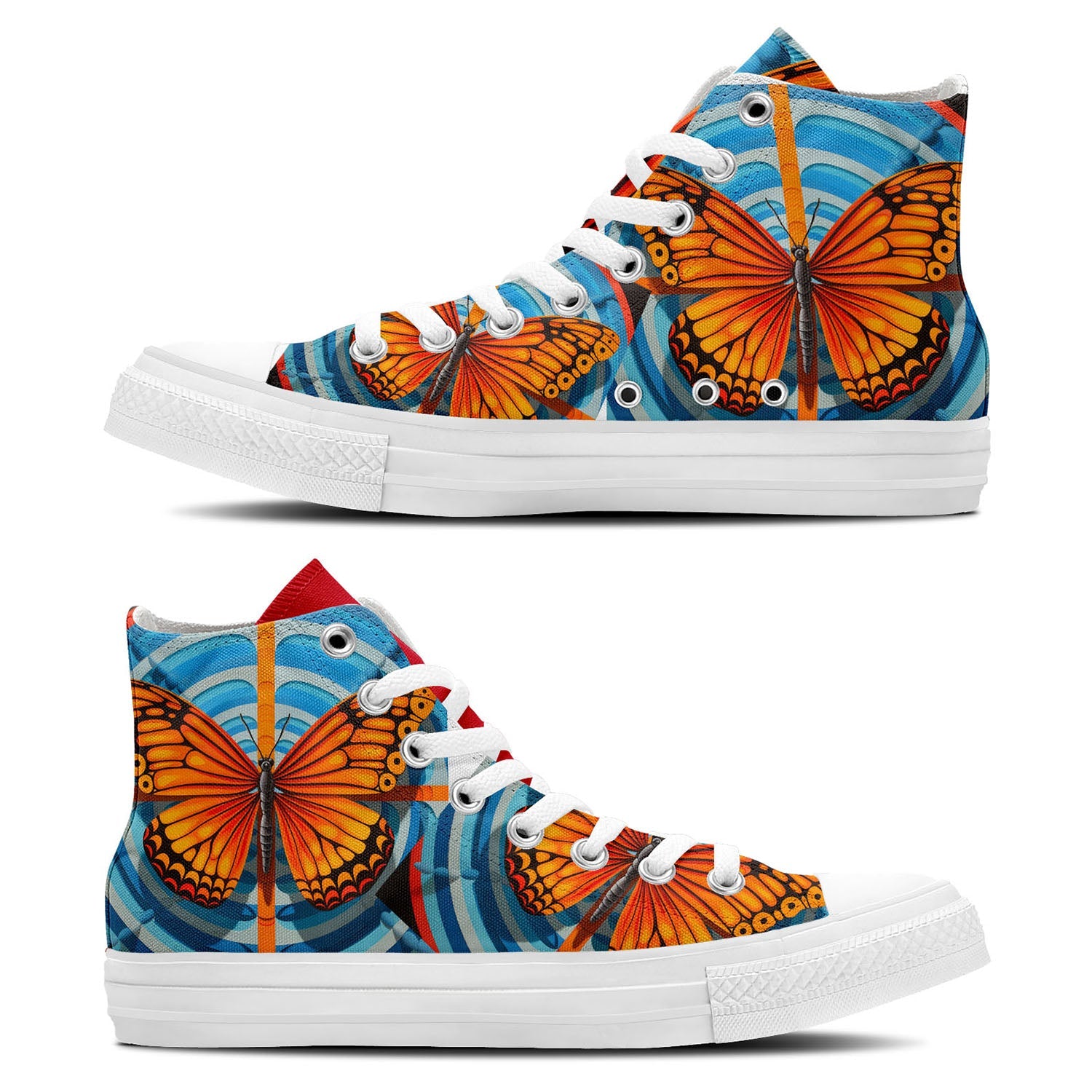 Alas etéreas: realza tu estilo con zapatillas de lona de media caña para hombre y mujer Cautivadores diseños de mariposas Op Art en cada paso