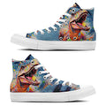 Dino Fusion: Zapatillas unisex de lona de media caña: Adéntrate en un colorido mundo de dinosaurios con vibrantes diseños artísticos y estampados inspirados en puntos para hombres y mujeres