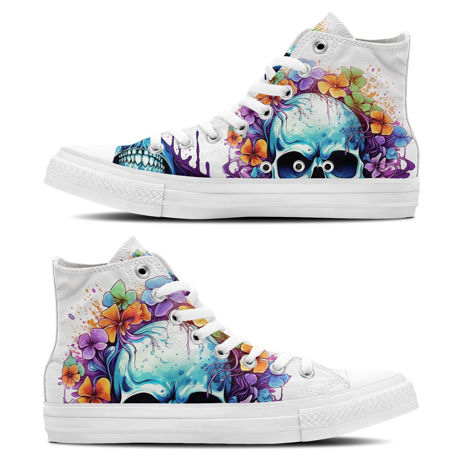 Skull Symphony: Zapatillas unisex de media caña de lona -Adéntrate en una vibrante melodía de color con un diseño de lápiz inspirado en calaveras para hombres y mujeres