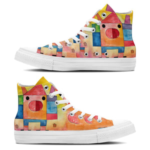Elegancia Porcina: Da rienda suelta a tu creatividad con estas zapatillas de lona de caña alta: moda unisex adornada con el cautivador y divertido estampado artístico de cerdos