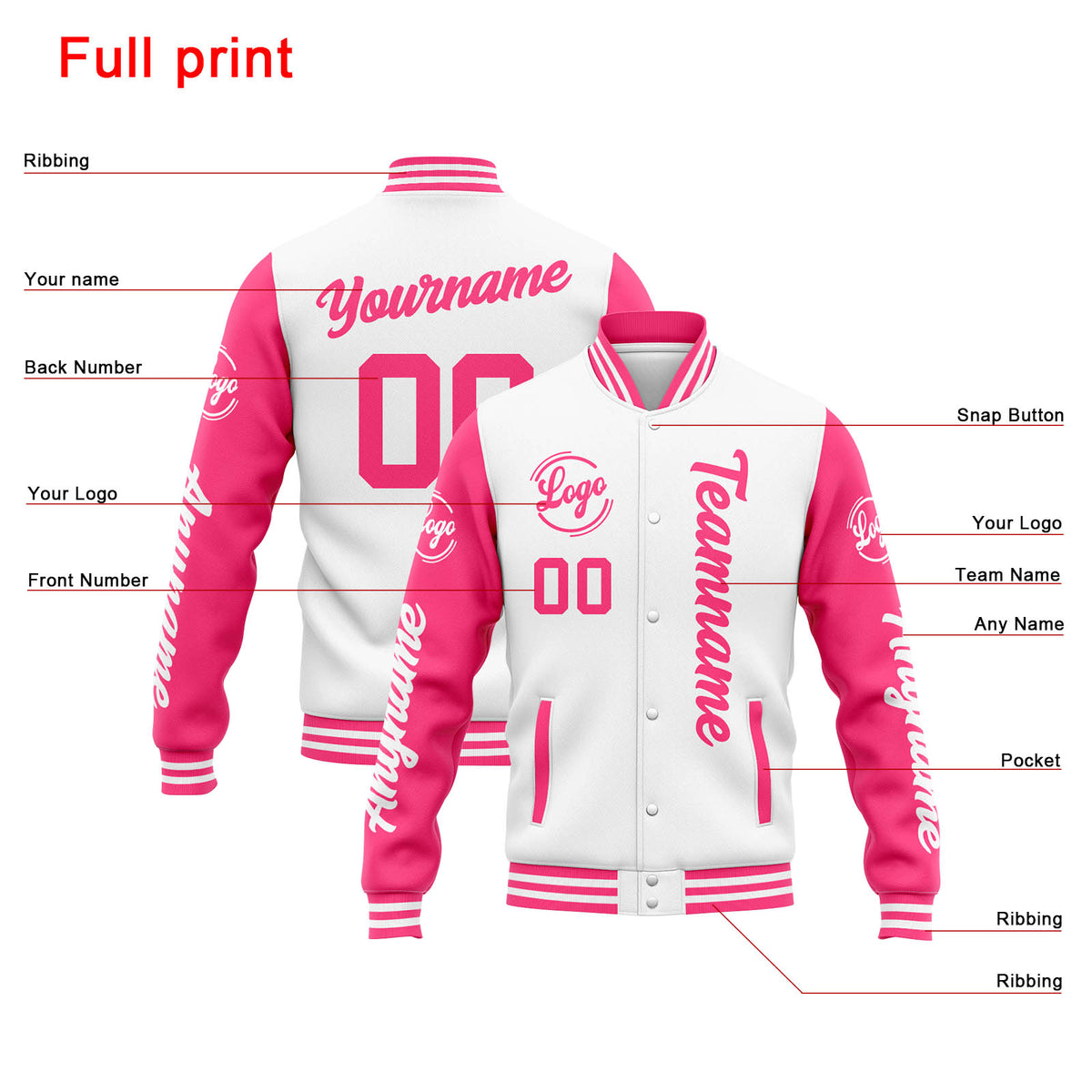 Chaqueta universitaria personalizada estilo Letterman para hombres-mujeres y jóvenes-color blanco y rosa