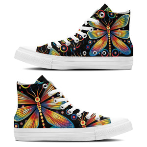 Whimsical Flyers: Zapatillas de lona de media caña para hombre y mujer -Adéntrate en un mundo de divertidas imágenes de libélulas de Op Art y da rienda suelta a tu estilo