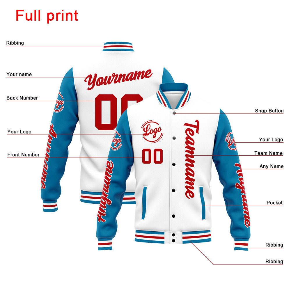 Chaqueta universitaria personalizada estilo Letterman para hombres-mujeres y jóvenes en azul-blanco y rojo