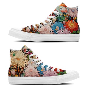 Pétalos artísticos: da rienda suelta a tu creatividad con estas zapatillas de lona de caña alta Moda unisex adornada con el cautivador y divertido estampado de crisantemos