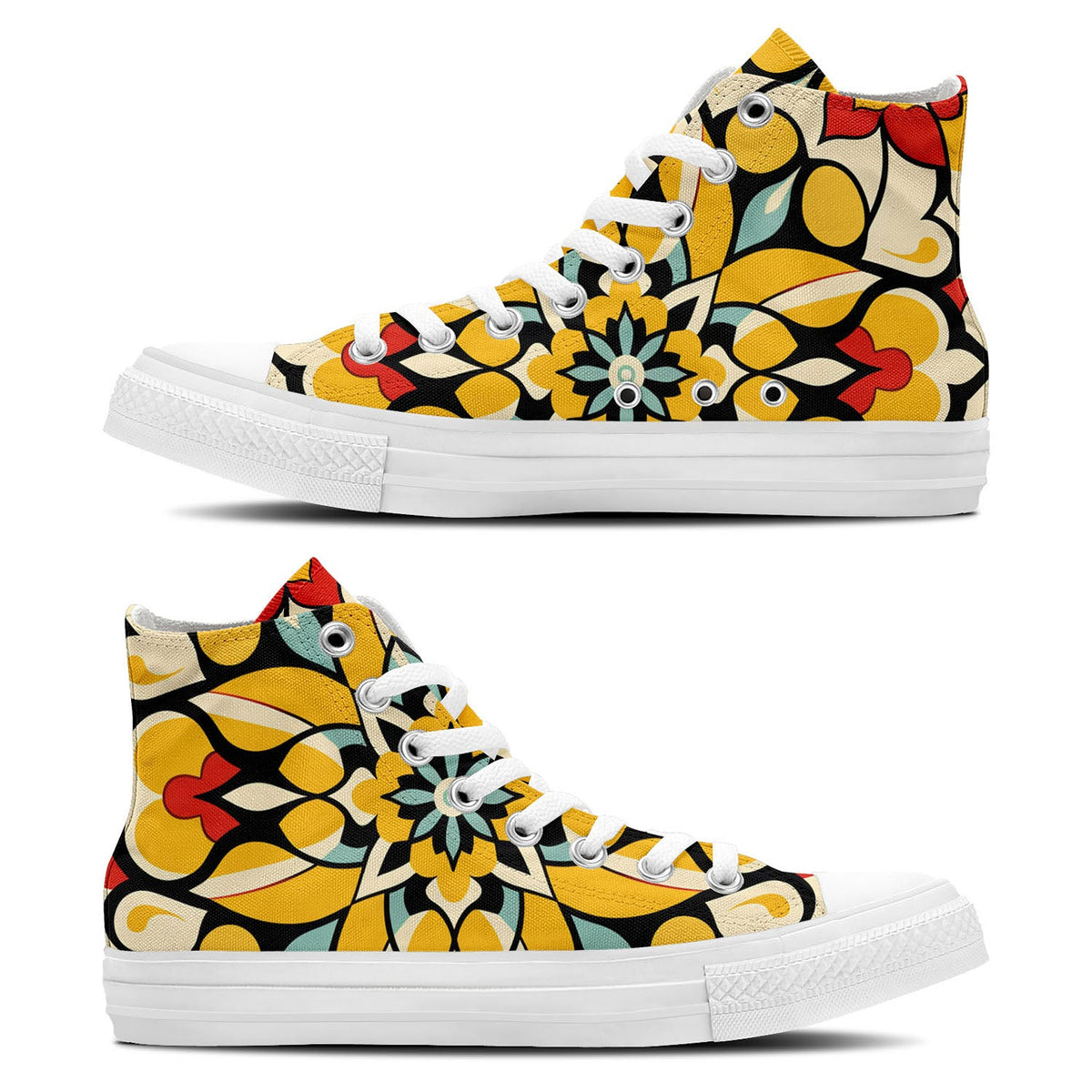Golden Horizons: Déjese seducir por el estilo marroquí con estas zapatillas de lona de media caña-radiantes en rojos y amarillos