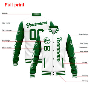 Chaqueta universitaria personalizada estilo Letterman para hombres-mujeres y jóvenes-color verde y blanco