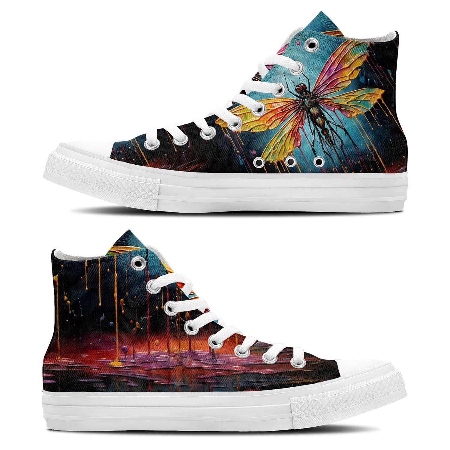 Elegancia abstracta: Zapatillas de lona de media caña para hombre y mujer -Descubre la fusión de arte y moda con imágenes de libélulas que gotean