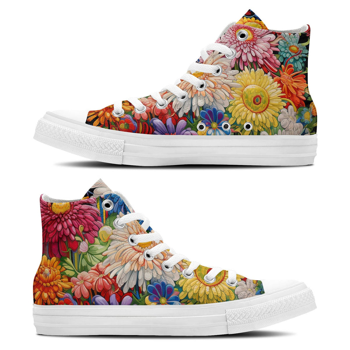 Elegancia Floreciente: Zapatillas de lona de media caña para hombre y mujer -Realza tu estilo con estas zapatillas de lona de caña media que presentan la elegante y divertida estética de los diseños artísticos de crisantemos