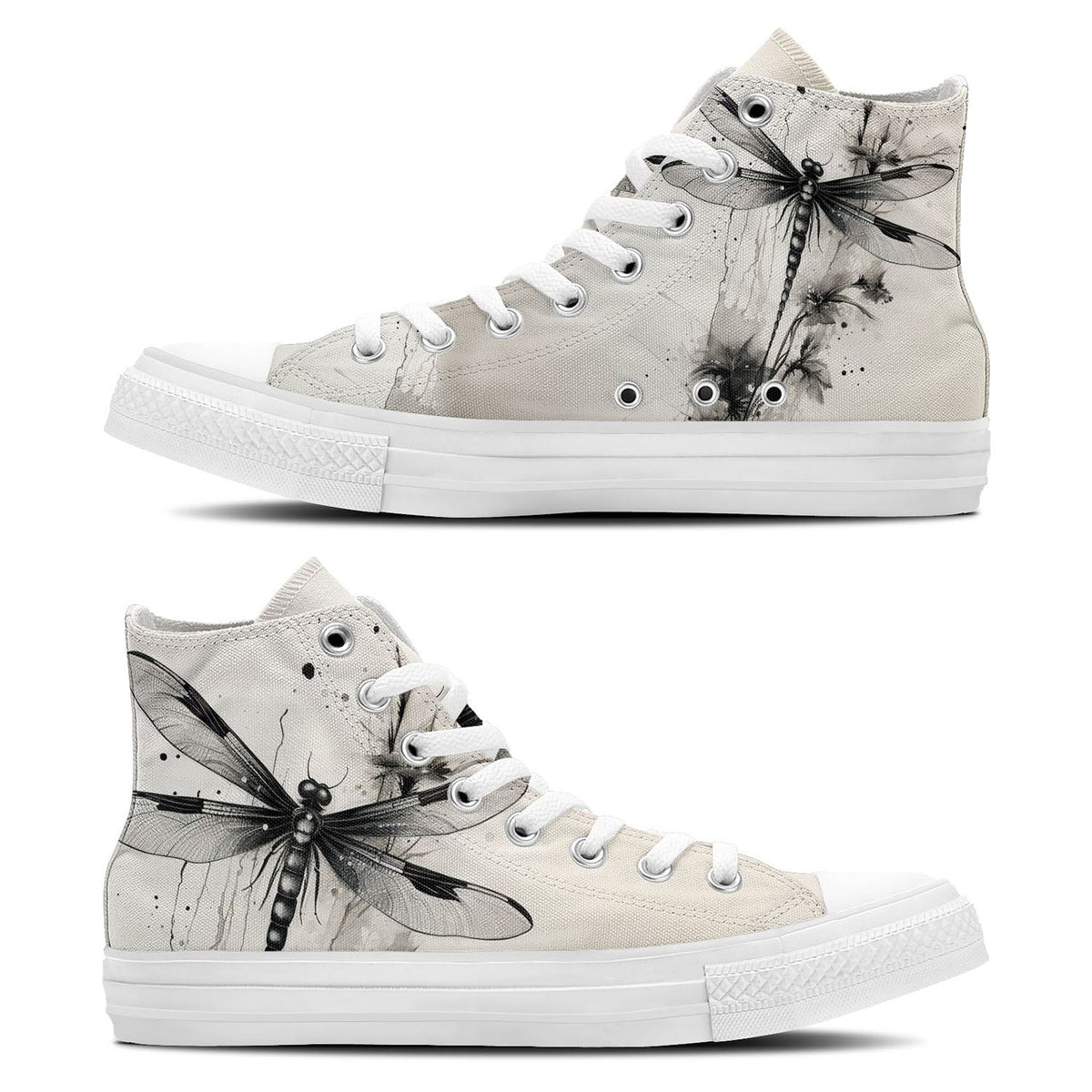 Ink Serenity: Zapatillas de lona de media caña para hombre y mujer -Adéntrate en la relajante esencia de la tinta japonesa con diseños inspirados en libélulas