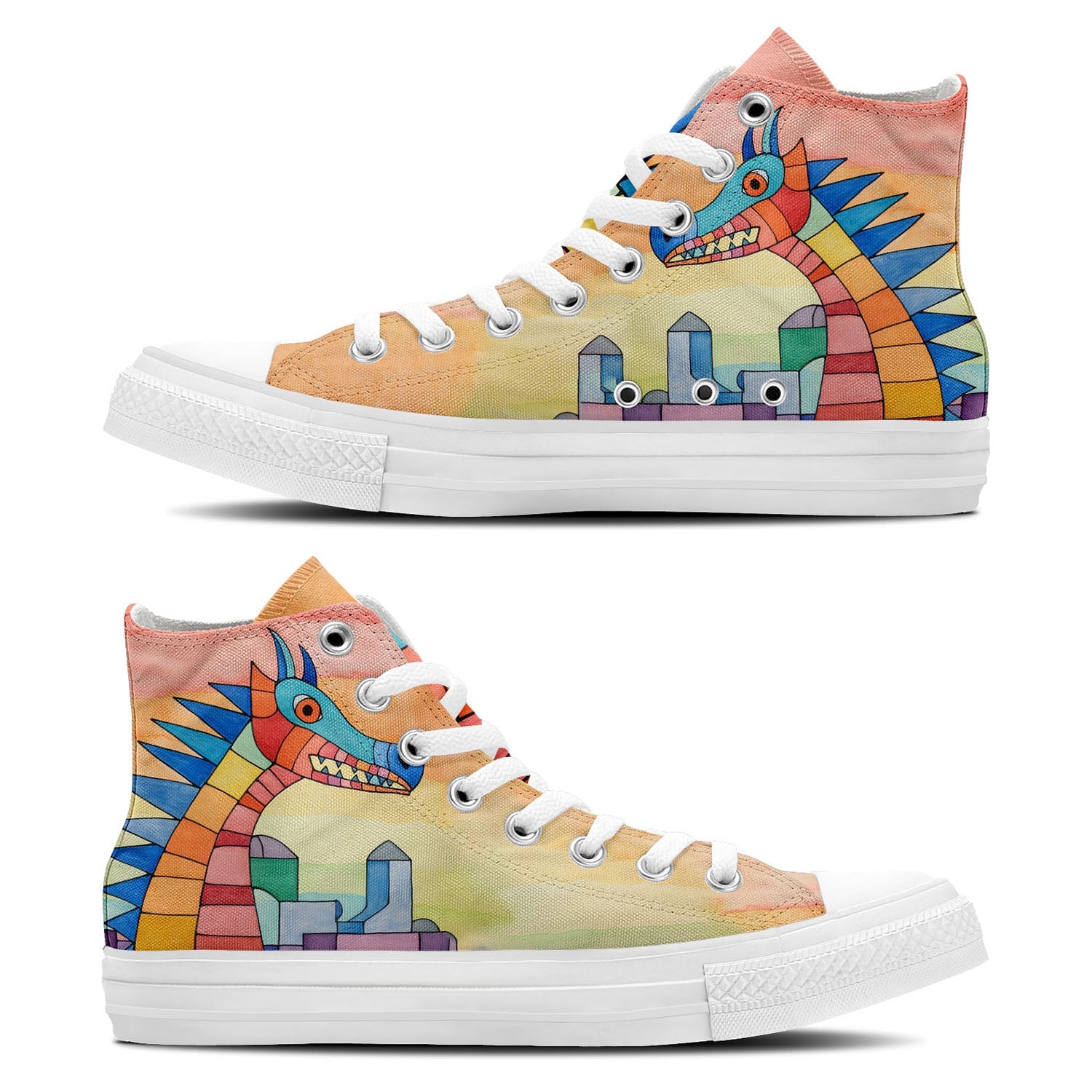 Dino Dreamscape: Zapatillas unisex de lona de media caña -Embárcate en un viaje a través de un mundo artístico con divertidos estampados de dinosaurios para hombres y mujeres