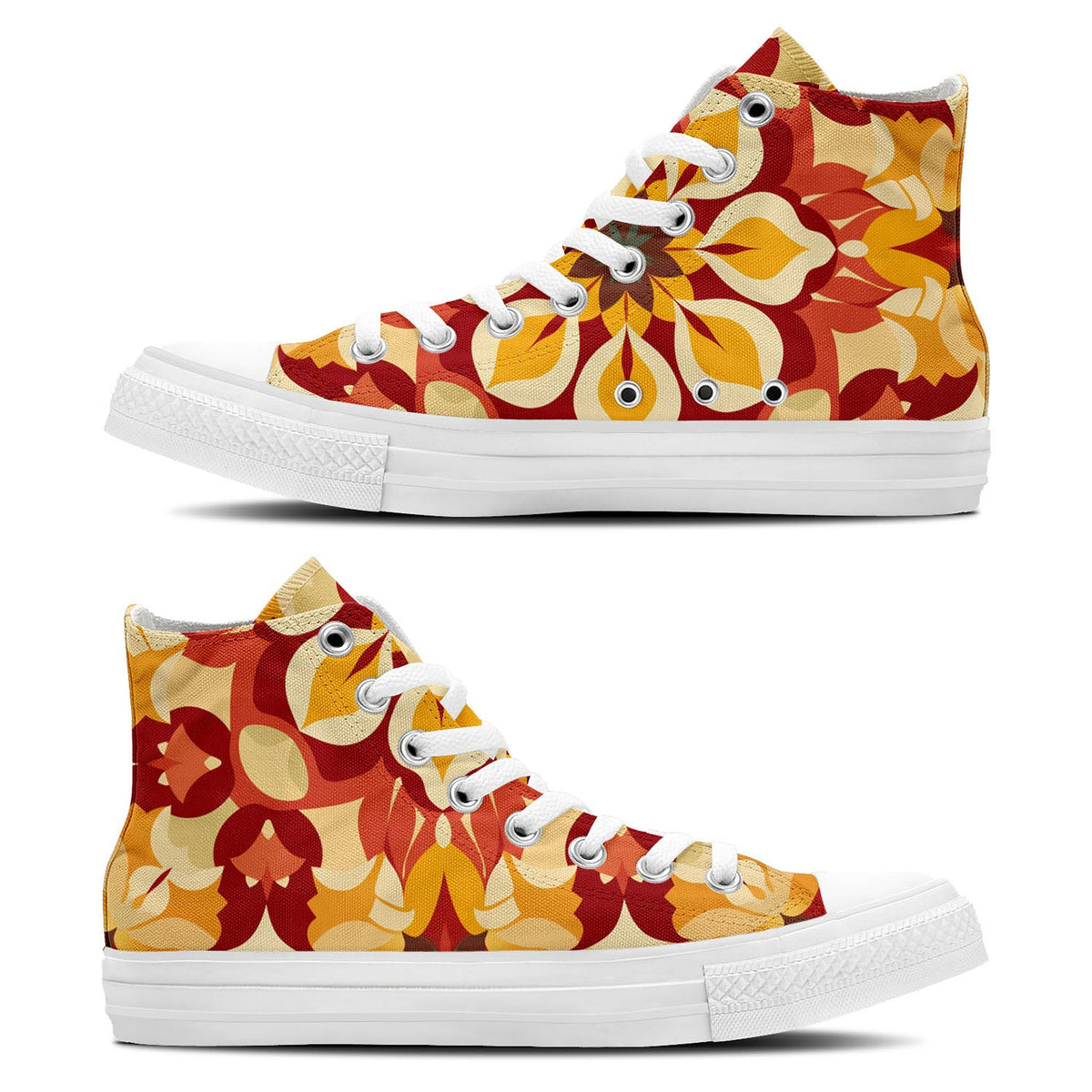 Recorre las calles con un estilo inigualable gracias a nuestras zapatillas de lona de corte medio-que presentan intrincados diseños de inspiración marroquí en una vibrante paleta de rojos-amarillos y verdes