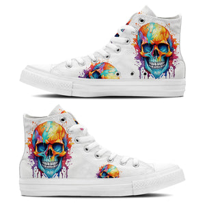 Paleta gótica: Zapatillas de lona de media caña para hombre y mujer: Abraza la elegancia oscura con un diseño de calaveras a lápiz-una fusión de colores y patrones intrincados